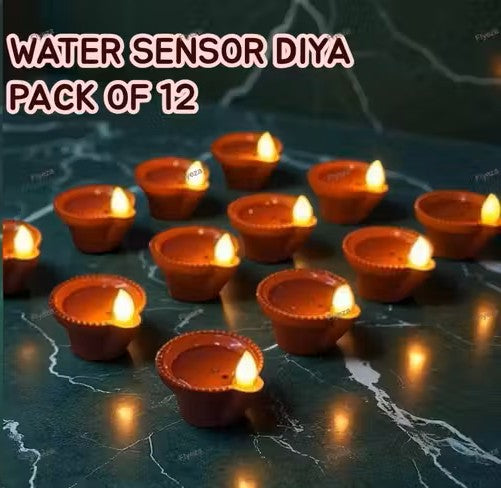Water Sensor LED Diyas for Home Decor | Festivals Decoration Diwali Light Plastic Table Diya Set ( Pack of 12 )