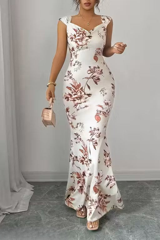 White Floral Print Mermaid Bodycon Maxi Dress