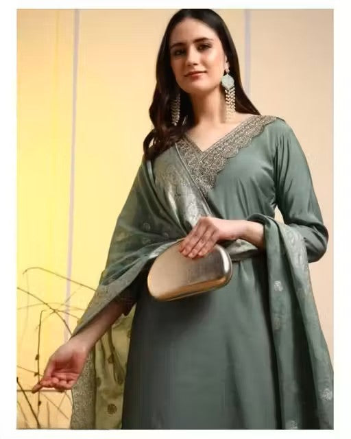 Fancy Reyon Slub Kurta Set With Dupatta
