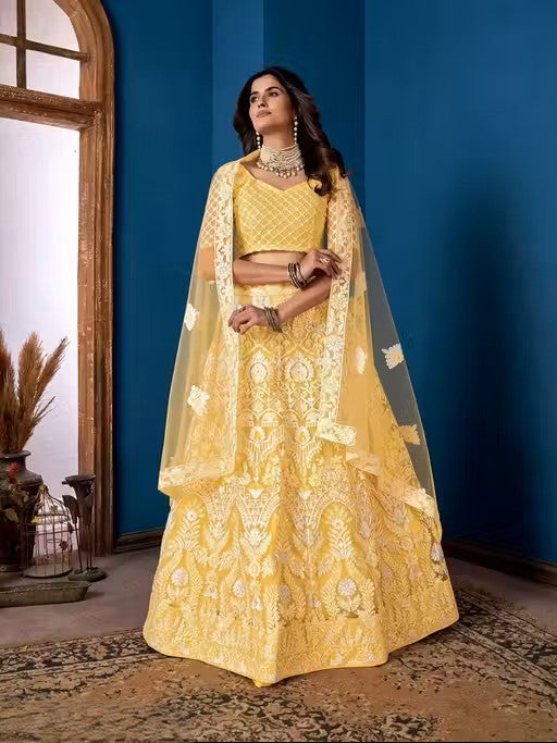 Embroidered Thread Work Semi-Stitched Lehenga &amp; Unstitched Blouse With Dupatta
