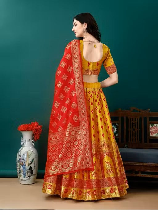 Yellow and Red Banarasi Silk Work Lehenega Choli with Dupatta