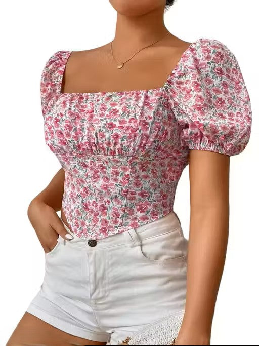 Floral Print Square Neck Puff Sleeve