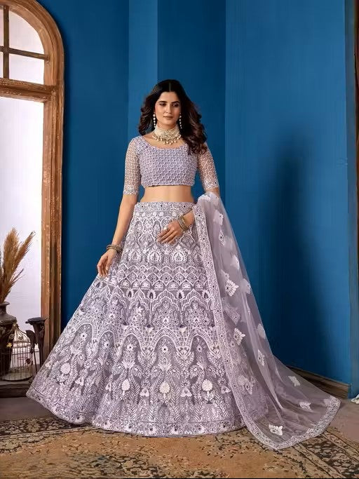 Embroidered Thread Work Semi-Stitched Lehenga & Unstitched Blouse With Dupatta