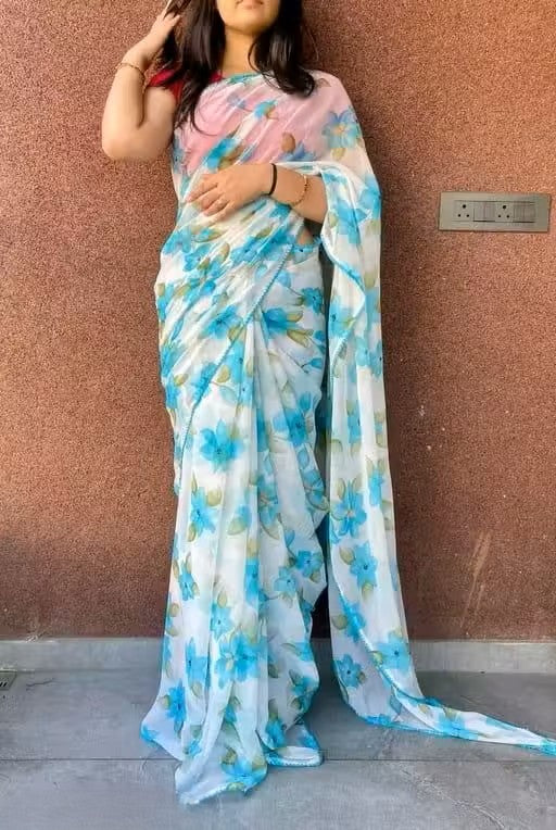 Elegant White & Blue Floral Print Pure Georgette Saree