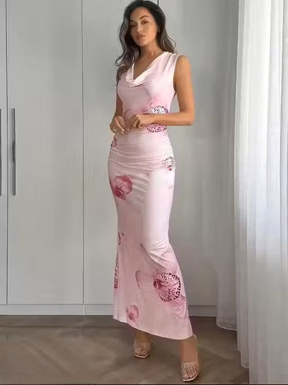 Pink Floral Maxi Dress with Draped Neck