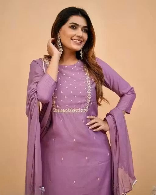 Women's Embroidered Work Kurti with Matching Pant & Dupatta Set