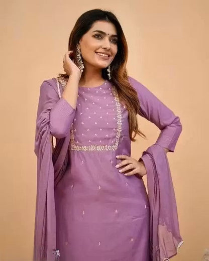 Women's Embroidered Work Kurti with Matching Pant & Dupatta Set