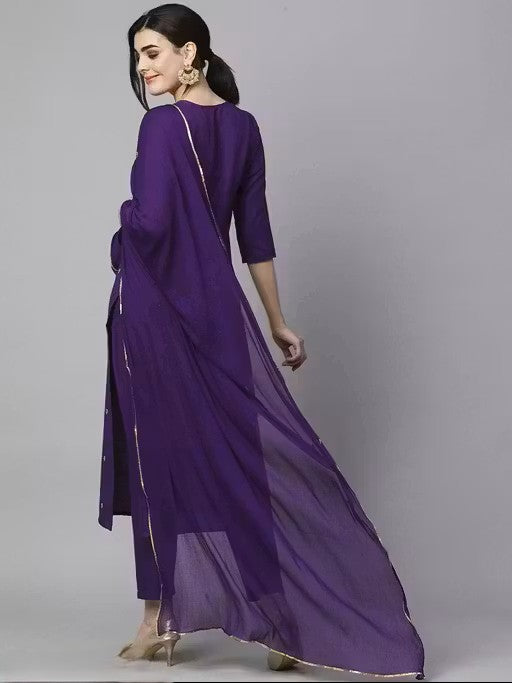 Women Stylish Purple Embroidered pure cotton slim fit kurta set