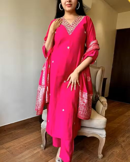 New Embroidery a-Line Kurti with Dupatta and Bottom Ware