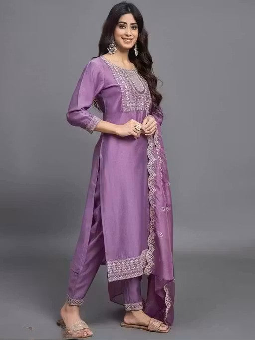 Women's Embroidered Silk Blend Calf Length Straight Kurta Pant With Dupatta