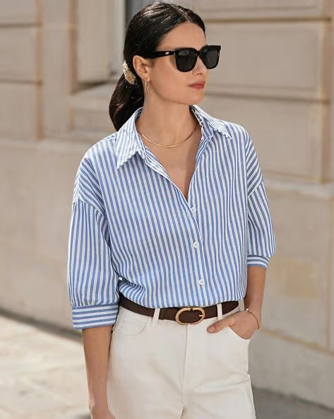 Trendy Oversized Pinstriped Button-Down Shirt