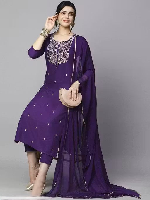 Women Stylish Purple Embroidered pure cotton slim fit kurta set