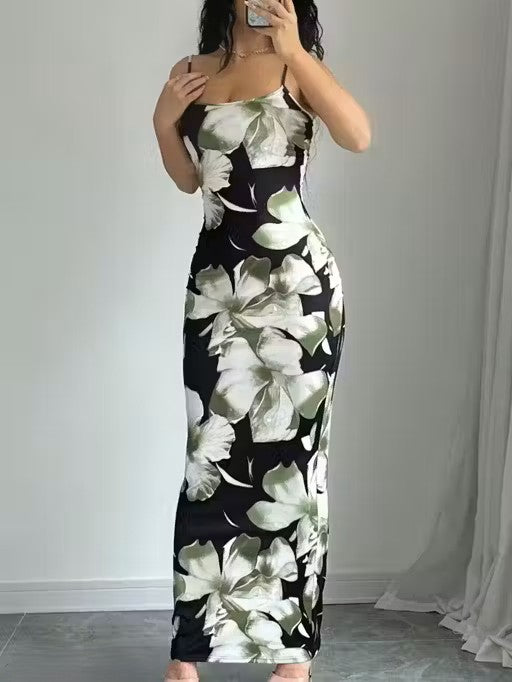 Stylish Green Floral Bodycon Maxi Dress