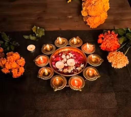 Handicraft studio Metal Urli for Decoration in gold Colour 10 Diya pack of 1 Diwali Decor / home decor.