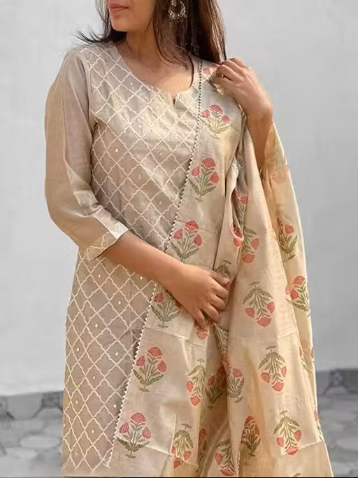 Women's Embroidered Kurta Pant Set With Dupatta