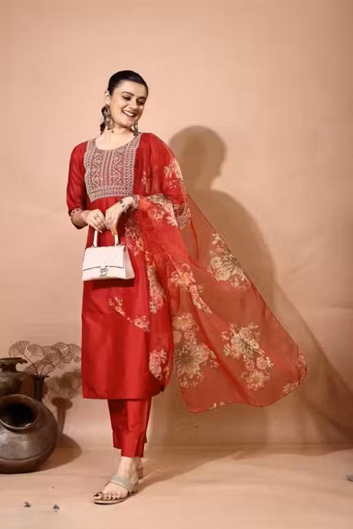 Embroidery Kurti Pant And Dupatta