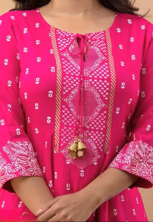 Women's Rayon Printed Anarkali Kurti with Pant and Dupatta Set