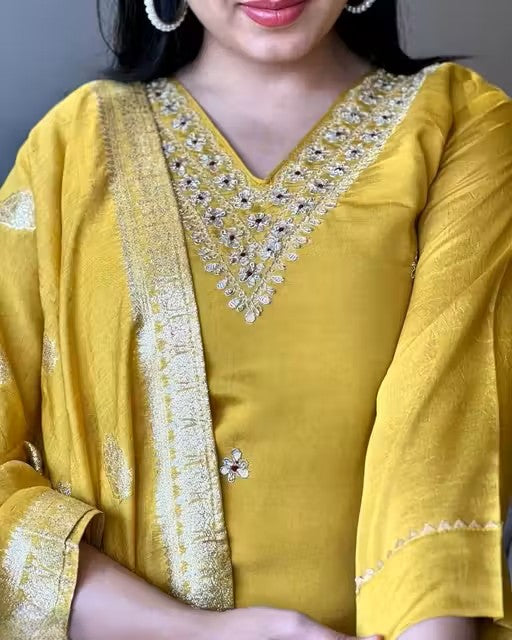 New Embroidery a-Line Kurti with Dupatta and Bottom Ware