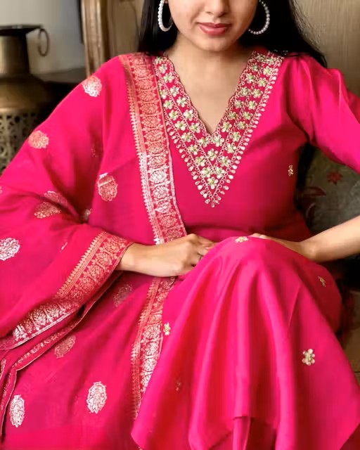 New Embroidery a-Line Kurti with Dupatta and Bottom Ware