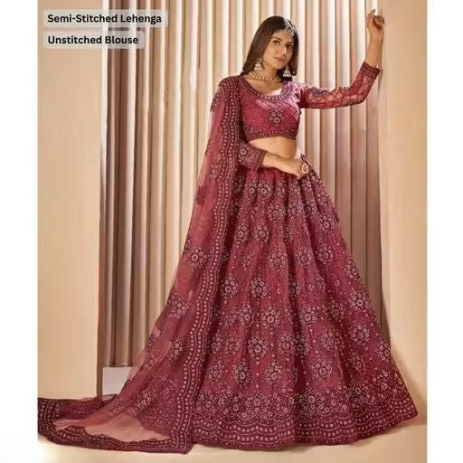 Net Embroidered Semi-Stitched Lehenga