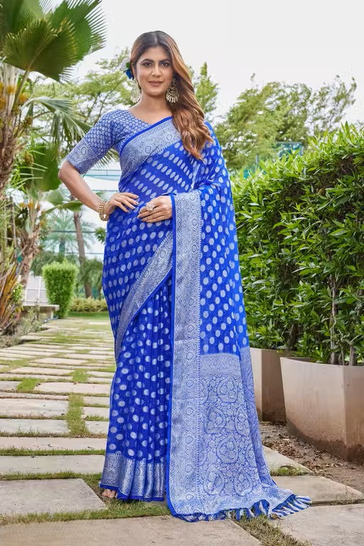 Georgette Royal Blue Elegant Zari Woven Saree