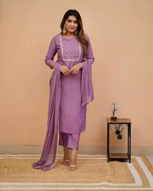 Women's Embroidered Work Kurti with Matching Pant & Dupatta Set