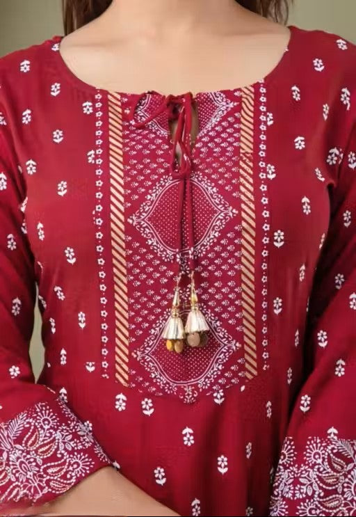 Women's Rayon Printed Anarkali Kurti with Pant and Dupatta Set