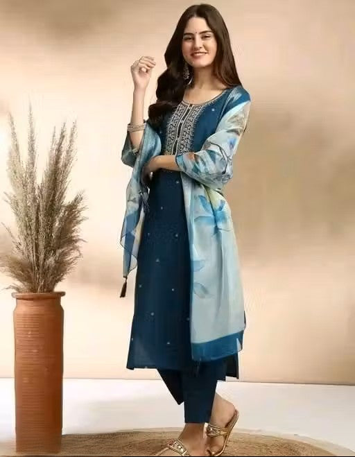 Fancy Rayon Slub Kurta Set For Women With Dupatta