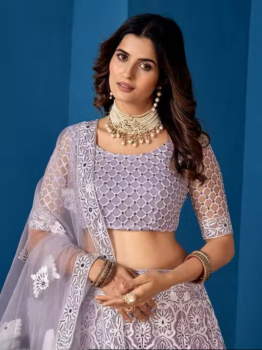 Embroidered Thread Work Semi-Stitched Lehenga & Unstitched Blouse With Dupatta