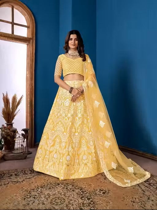 Embroidered Thread Work Semi-Stitched Lehenga &amp; Unstitched Blouse With Dupatta