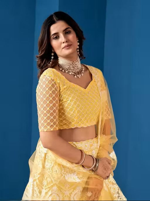 Embroidered Thread Work Semi-Stitched Lehenga &amp; Unstitched Blouse With Dupatta