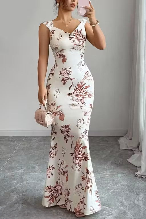 White Floral Print Mermaid Bodycon Maxi Dress