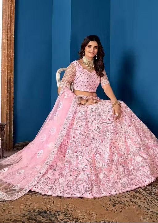 Embroidered Thread Work Semi-Stitched Lehenga & Unstitched Blouse With Dupatta