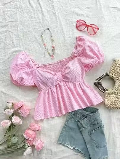 Cotton Stripe Puff Sleeve Shirt