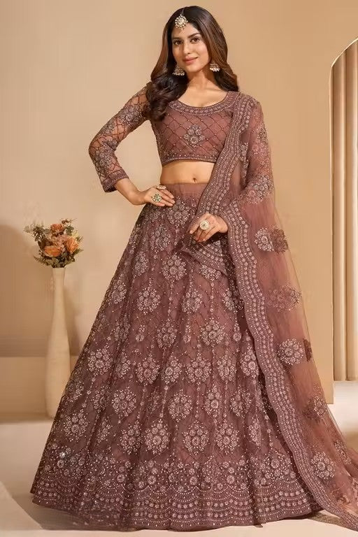 Net Embroidered Semi-Stitched Lehenga