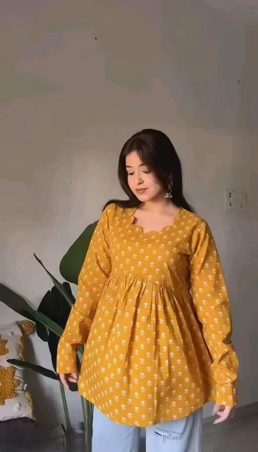 Bright Yellow Printed Peplum Top