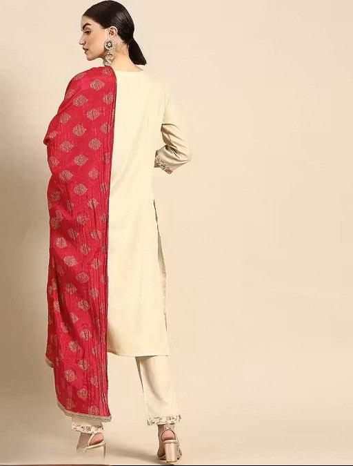 WOMEN OFF-WHITE KURTA WITH TROUSERS & DUPATTA