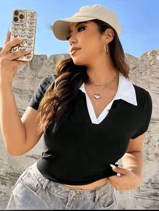 V-neck &amp; Polo Collar-Blocked T-shirt