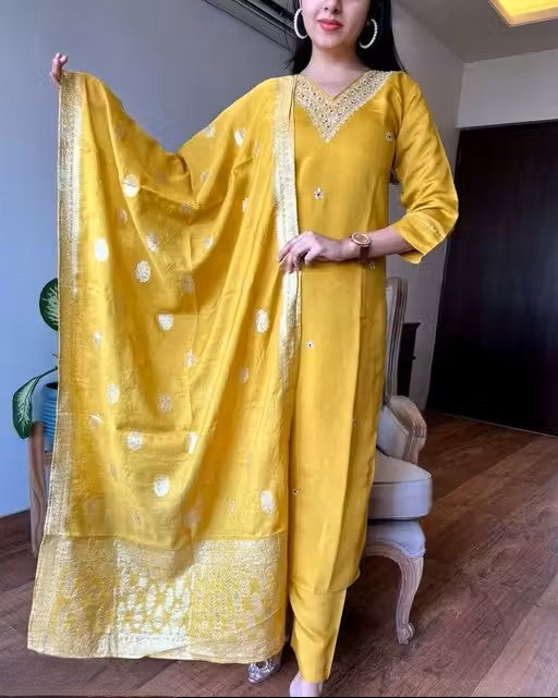 New Embroidery a-Line Kurti with Dupatta and Bottom Ware