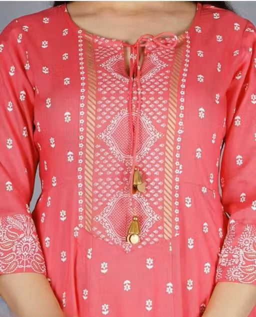 Women's Rayon Printed Anarkali Kurti with Pant and Dupatta Set