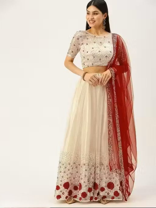 Embroidered Semi-Stitched Lehenga & Unstitched Blouse With Dupatta
