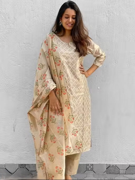 Women's Embroidered Kurta Pant Set With Dupatta