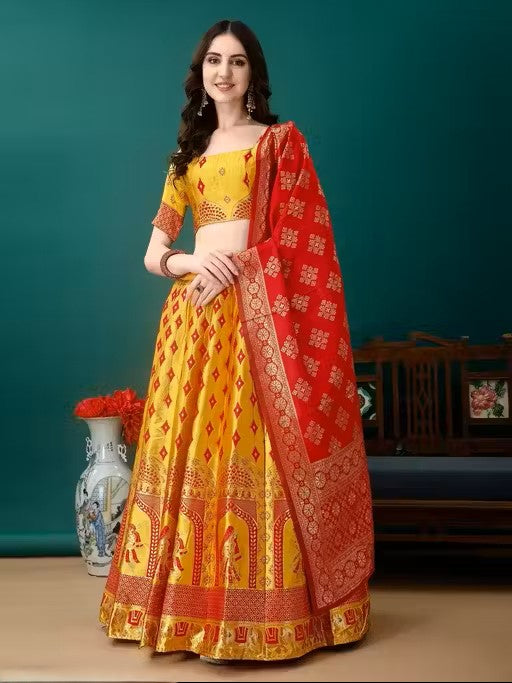 Yellow and Red Banarasi Silk Work Lehenega Choli with Dupatta