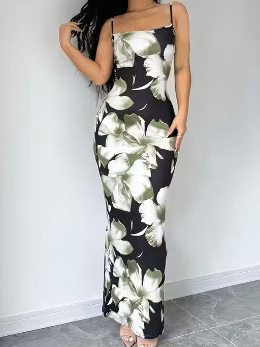 Stylish Green Floral Bodycon Maxi Dress