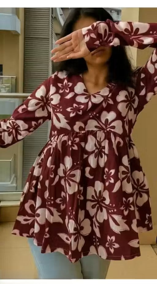 Rayon Flared Floral Print Wine Peplum Top