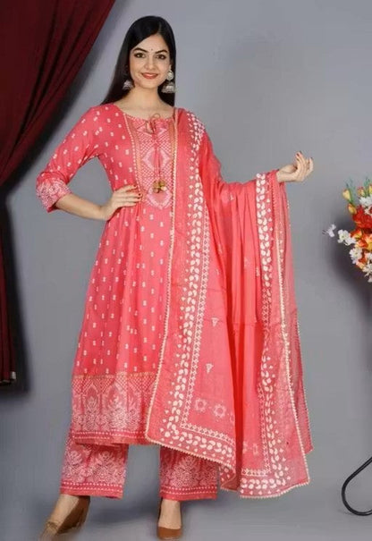 Women's Rayon Printed Anarkali Kurti with Pant and Dupatta Set