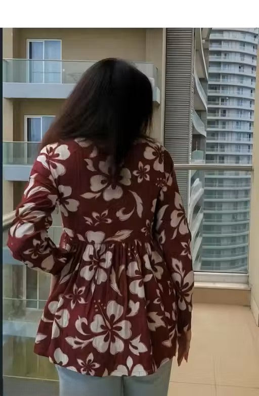 Rayon Flared Floral Print Wine Peplum Top