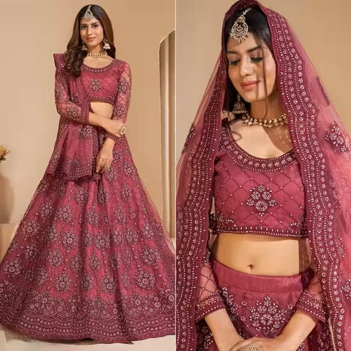 Net Embroidered Semi-Stitched Lehenga