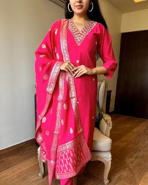 New Embroidery a-Line Kurti with Dupatta and Bottom Ware