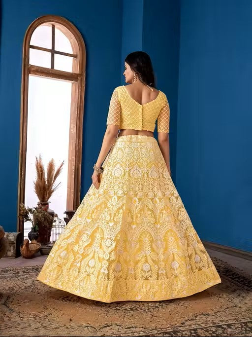 Embroidered Thread Work Semi-Stitched Lehenga &amp; Unstitched Blouse With Dupatta